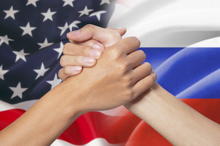 Affiliate hands  American and Russian flags 00981