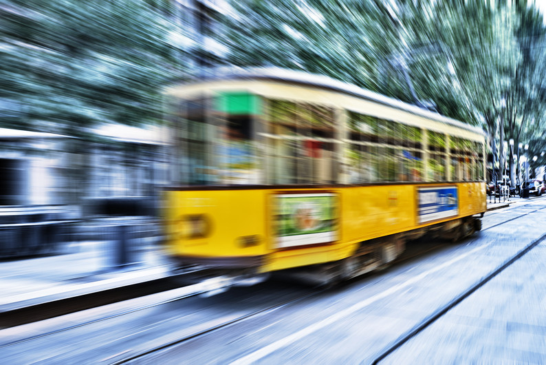 Blurry movement of a tram in Milan, Italy 00842