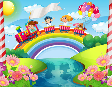Children on train over rainbow 00365