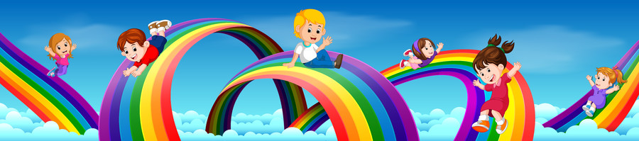 Kids sliding on rainbow in sky 00372