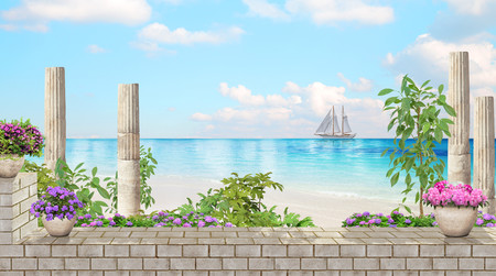 Old columns with flowers, sea view 00441