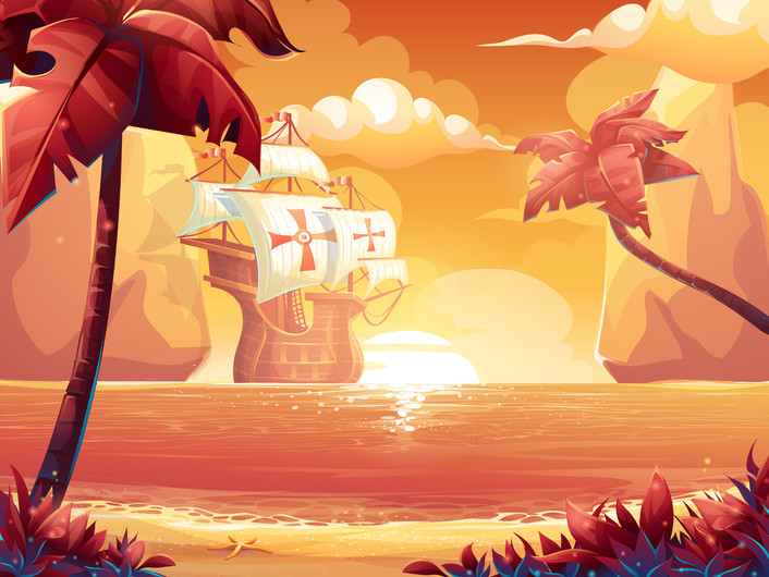 Sunset with galleon 00187